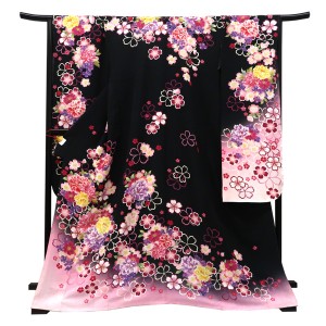 仕立て上がり 振袖 正絹 牡丹 桜 黒［99,000円］