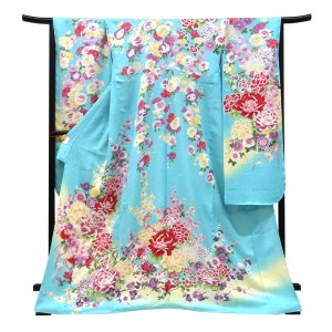 仕立て上がり 振袖 正絹 牡丹 菊 梅 橘 水色［99,000円］