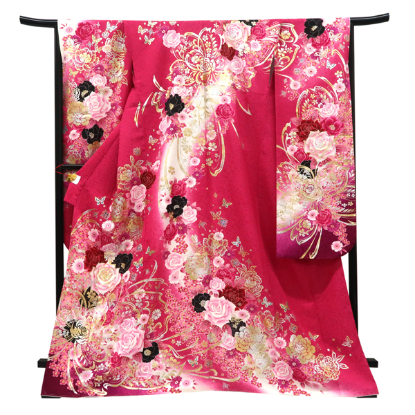 仕立て上がり 振袖 銀通し 絹 薔薇 牡丹 ショッキングピンク［99,000円］ 枚目