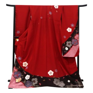 仕立て上がり 振袖 正絹 桜 格子 匹田 赤［99,000円］