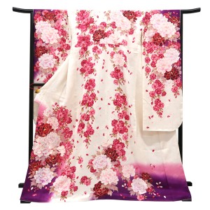 仕立て上がり 振袖 正絹 牡丹 桜 白×紫［99,000円］
