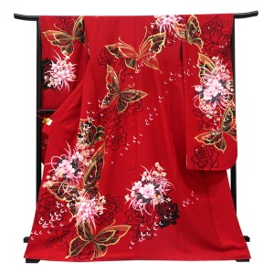 仕立て上がり 振袖 銀通し 絹 薔薇 蝶 赤［99,000円］