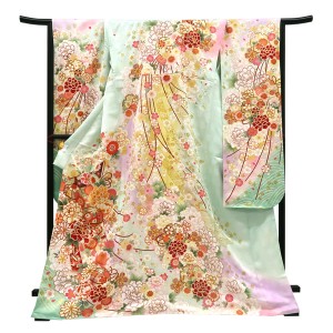 仕立て上がり 振袖 正絹 熨斗 毬 雪輪 牡丹 桜 菊 ミントグリーン［110,000円］