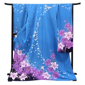 仕立て上がり 振袖 正絹 百合 小桜 青［99,000円］