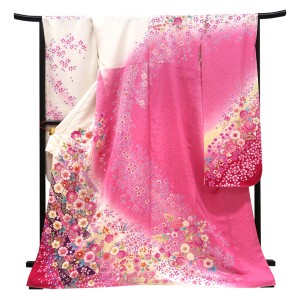 仕立て上がり 振袖 銀通し 絹 辻が花 熨斗 白×ピンク［99,000円］