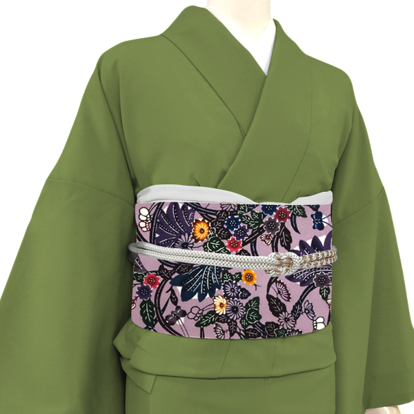 玉那覇清 清布びんがた工房 琉球紅型名古屋帯 藤村玲子 琉球紅型復刻 正絹 草花 蝶 薄紫色 紅藤色［440,000円］ 枚目