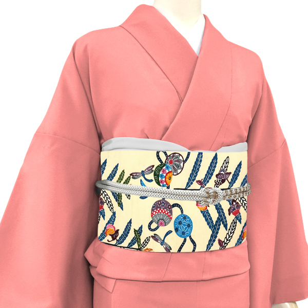 本紅型 名古屋帯 宮城里子 本真綿手織紬 正絹 芭蕉 手まり ベージュ 黄色［385,000円］ 枚目