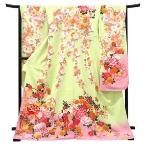仕立て上がり 振袖 正絹 桜 牡丹 菊 ライム［99,000円］