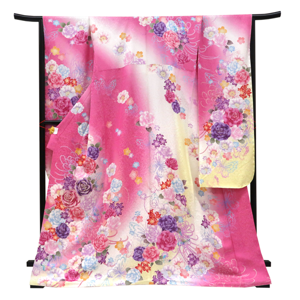 仕立て上がり 振袖 銀通し 絹 薔薇 百合 桜 乱菊 蝶 ピンク［99,000円］ 枚目