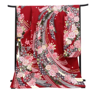 仕立て上がり 振袖 正絹 熨斗 牡丹 桜 菊 匹田 赤［110,000円］