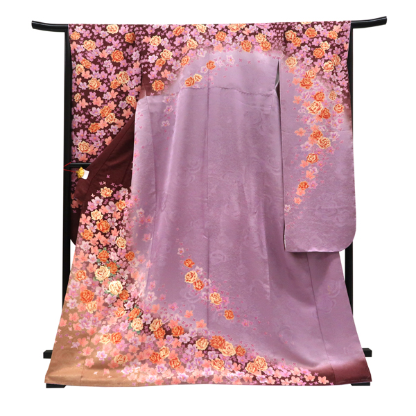 仕立て上がり 振袖 正絹 薔薇 桜 薄葡萄×茶色［88,000円］ 枚目