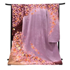 仕立て上がり 振袖 正絹 薔薇 桜 薄葡萄×茶色［88,000円］