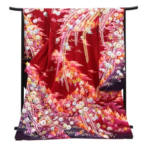 仕立て上がり 振袖 銀通し 絹 遠山 辻が花 赤［110,000円］