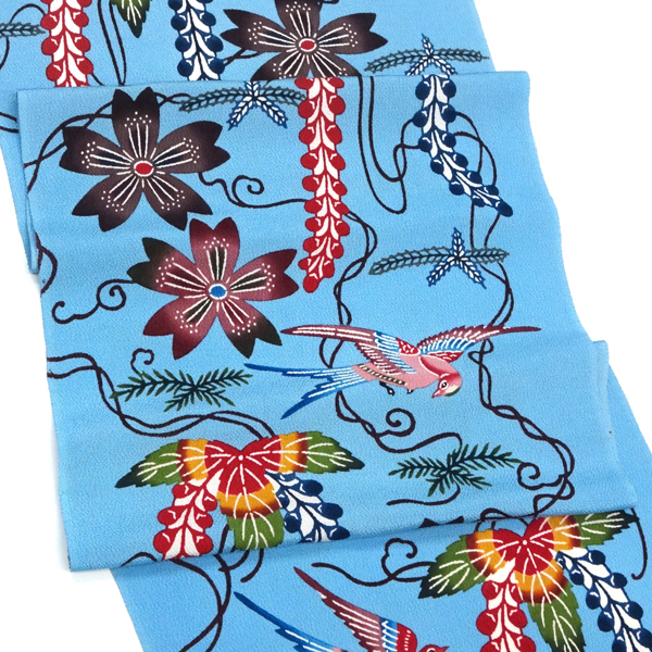 城間栄順 城間びんがた工房 本紅型 名古屋帯 藤 桜 燕 水色［550,000円］ 枚目