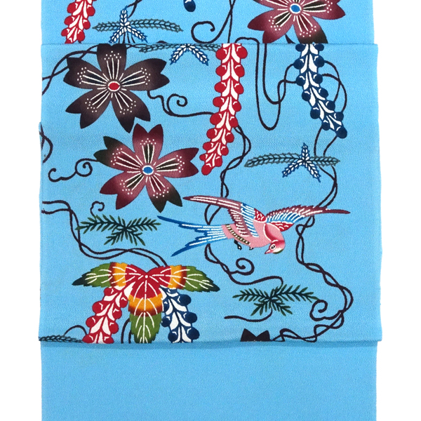 城間栄順 城間びんがた工房 本紅型 名古屋帯 藤 桜 燕 水色［550,000円］ 枚目