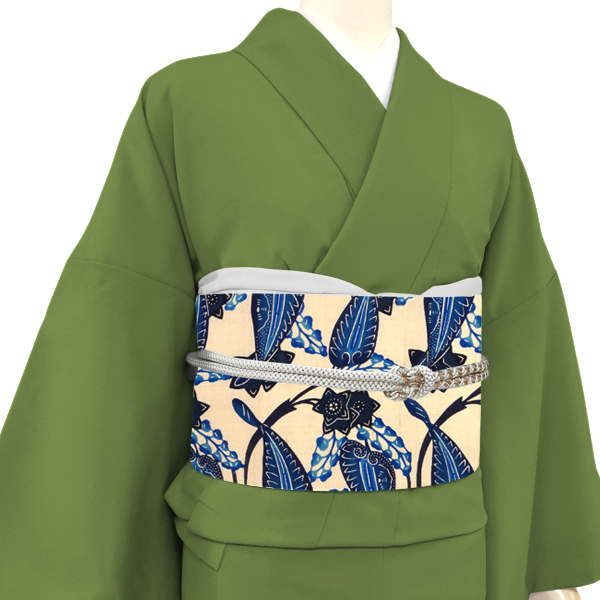 城間栄順 城間びんがた工房 本紅型 名古屋帯 小千谷紬 植物 花 ベージュ 白茶色［440,000円］ 枚目