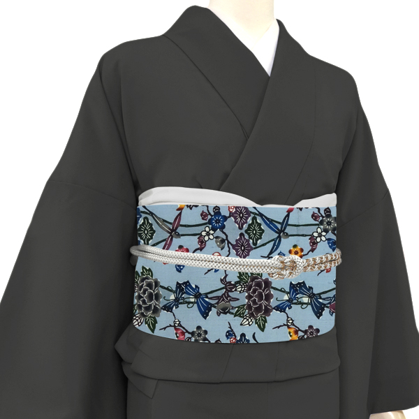 玉那覇清 清布びんがた工房 名古屋帯 琉球紅型 小千谷紬 牡丹 蝶々 ブルーグレー［385,000円］ 枚目
