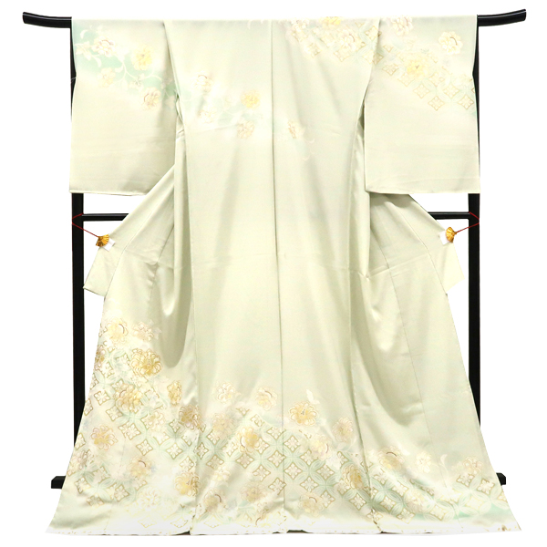 吉澤の友禅 訪問着 正絹 花七宝 牡丹唐花 更紗 黄緑色［236,500円］ 枚目