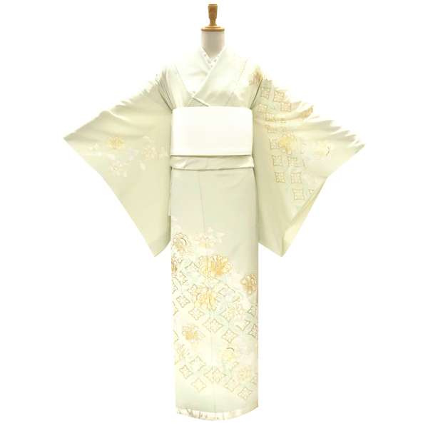 吉澤の友禅 訪問着 正絹 花七宝 牡丹唐花 更紗 黄緑色［236,500円］ 枚目