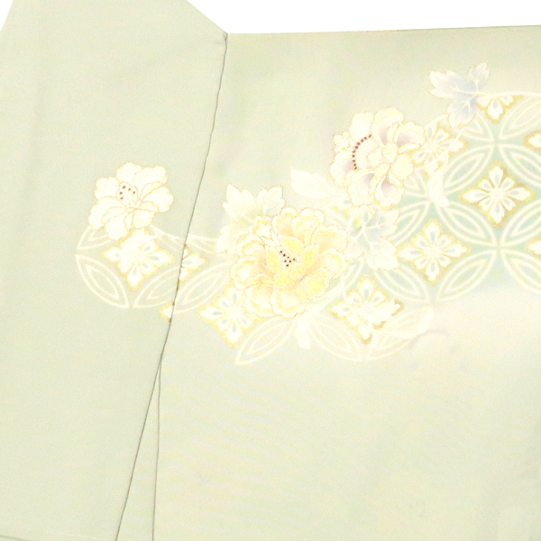 吉澤の友禅 訪問着 正絹 花七宝 牡丹唐花 更紗 黄緑色［236,500円］ 枚目