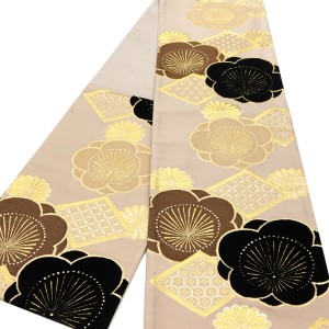 樹織物 振袖用袋帯 西陣織 絹 梅 菱 白茶色 ベージュ［36,300円］