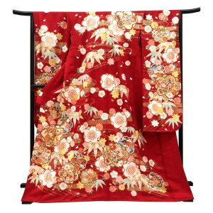 仕立て上がり 振袖 正絹 桜 笹 宝尽くし 赤［110,000円］