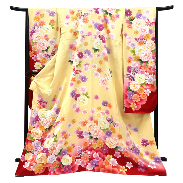 仕立て上がり 振袖 正絹 牡丹 桜 蝶 薄黄色×赤［99,000円］ 枚目
