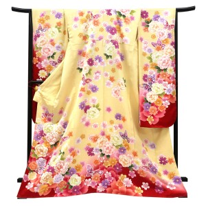 仕立て上がり 振袖 正絹 牡丹 桜 蝶 薄黄色×赤［99,000円］