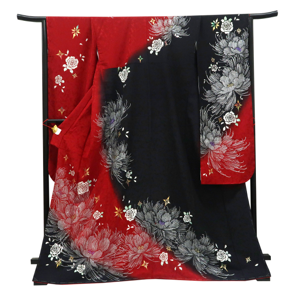仕立て上がり 振袖 正絹 牡丹 薔薇 赤×黒［99,000円］ 枚目