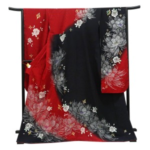 仕立て上がり 振袖 正絹 牡丹 薔薇 赤×黒［99,000円］