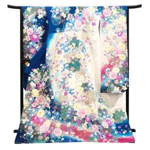 仕立て上がり 振袖 正絹 牡丹 桜 蘭 ビーズ 白×ターコイズブルー［99,000円］