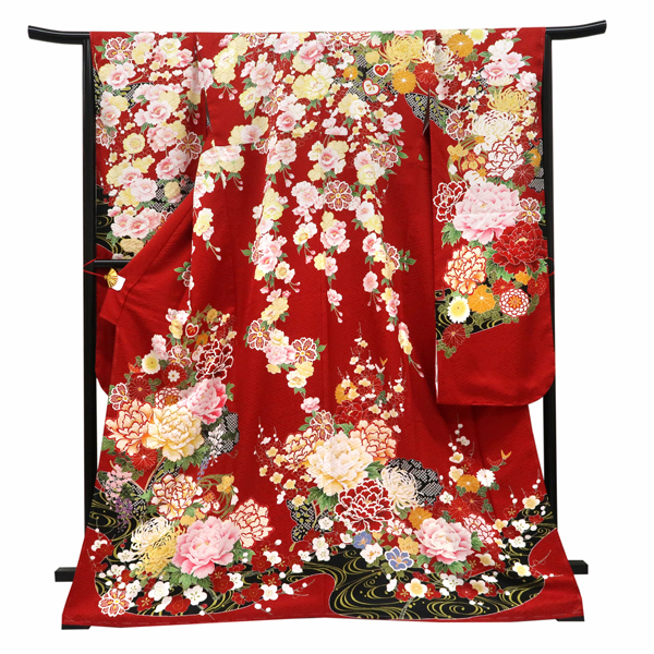 仕立て上がり 振袖 正絹 牡丹 桜 流水 蝶 赤［110,000円］ 枚目