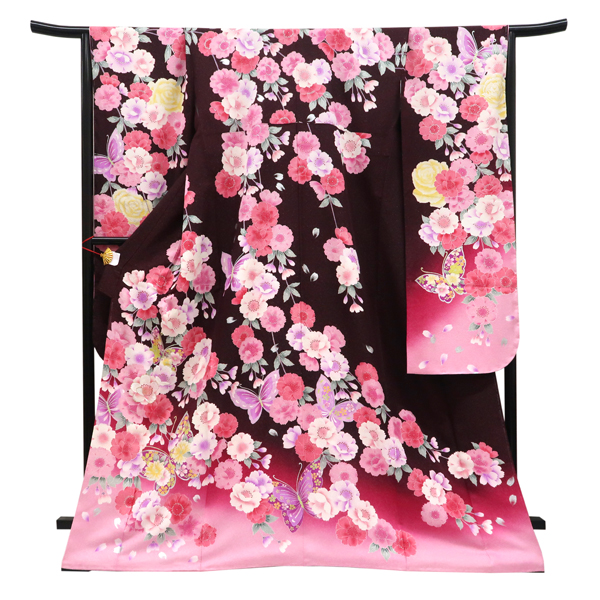 仕立て上がり 振袖 銀通し 絹 桜 蝶 ボルドー［99,000円］ 枚目