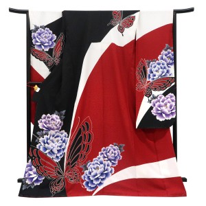 仕立て上がり 振袖 銀通し 絹 牡丹 蝶 白×黒×赤［99,000円］