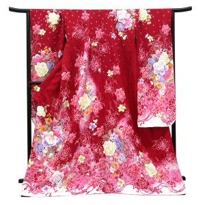 仕立て上がり 振袖 正絹 牡丹 薔薇 レース 赤［99,000円］