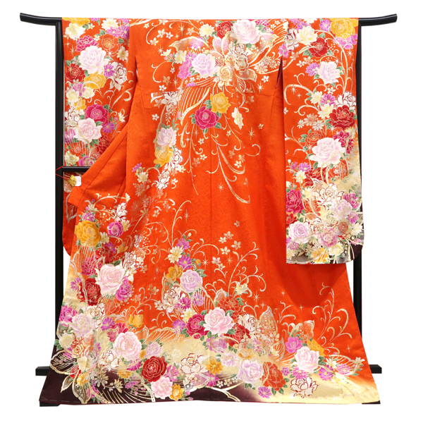 仕立て上がり 振袖 銀通し 絹 牡丹 桜 唐草 オレンジ［99,000円］ 枚目