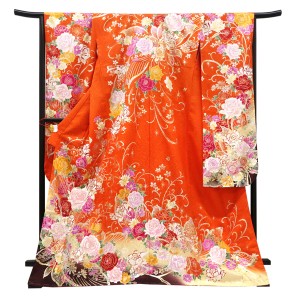 仕立て上がり 振袖 銀通し 絹 牡丹 桜 唐草 オレンジ［99,000円］