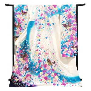 仕立て上がり 振袖 正絹 牡丹 桜 蝶 白×ターコイズブルー［99,000円］