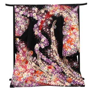 仕立て上がり 振袖 銀通し 絹 辻が花 雪輪 黒［110,000円］