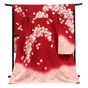 仕立て上がり 振袖 銀通し 絹 桜 花 蝶 赤×ピンク［88,000円］