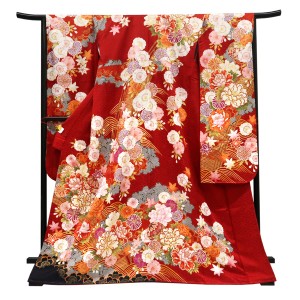 仕立て上がり 振袖 正絹 橋 流水 牡丹 鞠 菊 桜 楓 赤［110,000円］