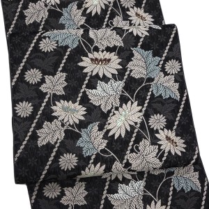 弥栄織物 名古屋帯 西陣織 正絹 菊 斜め縞 チャコールグレー［33,000円］