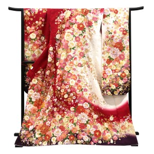 仕立て上がり 振袖 正絹 牡丹 桜 蘭 華文 赤×白［110,000円］