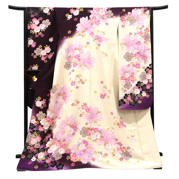 仕立て上がり 振袖 銀通し 絹 桜 クリーム色×紫［99,000円］ 枚目