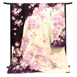 仕立て上がり 振袖 銀通し 絹 桜 クリーム色×紫［99,000円］