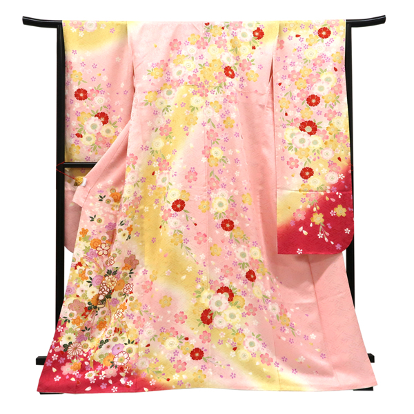 仕立て上がり 振袖 正絹 花籠 牡丹 桜 菊 ピンク×薄山吹色［99,000円］ 枚目