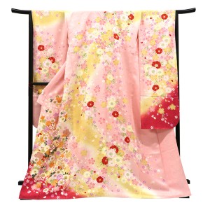 仕立て上がり 振袖 正絹 花籠 牡丹 桜 菊 ピンク×薄山吹色［99,000円］