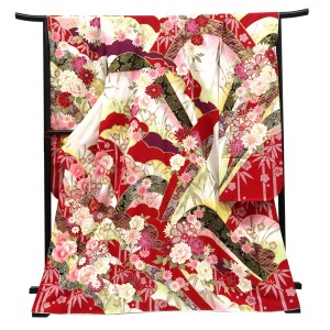 仕立て上がり 振袖 銀通し 絹 遠山 雲取り 桜 菊 竹 白×赤［110,000円］