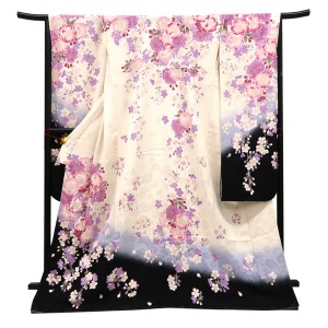 仕立て上がり 振袖 正絹 桜 薄クリーム×黒［99,000円］