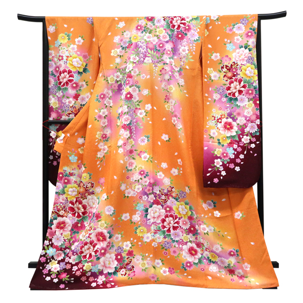 仕立て上がり 振袖 銀通し 絹 牡丹 桜 菊 オレンジ［99,000円］ 枚目